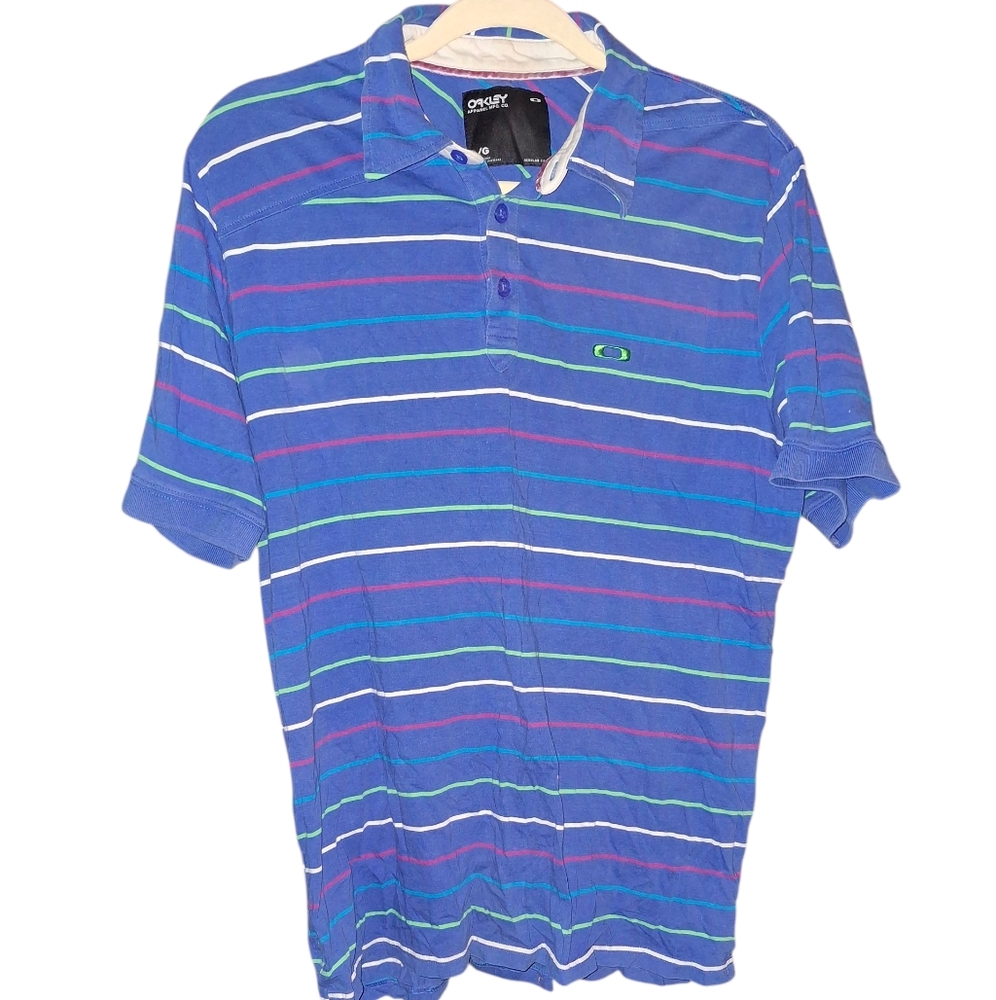 Oakley Regular Fit Mens Shirt Polo Large Blue Striped Golf Casual Preppy
